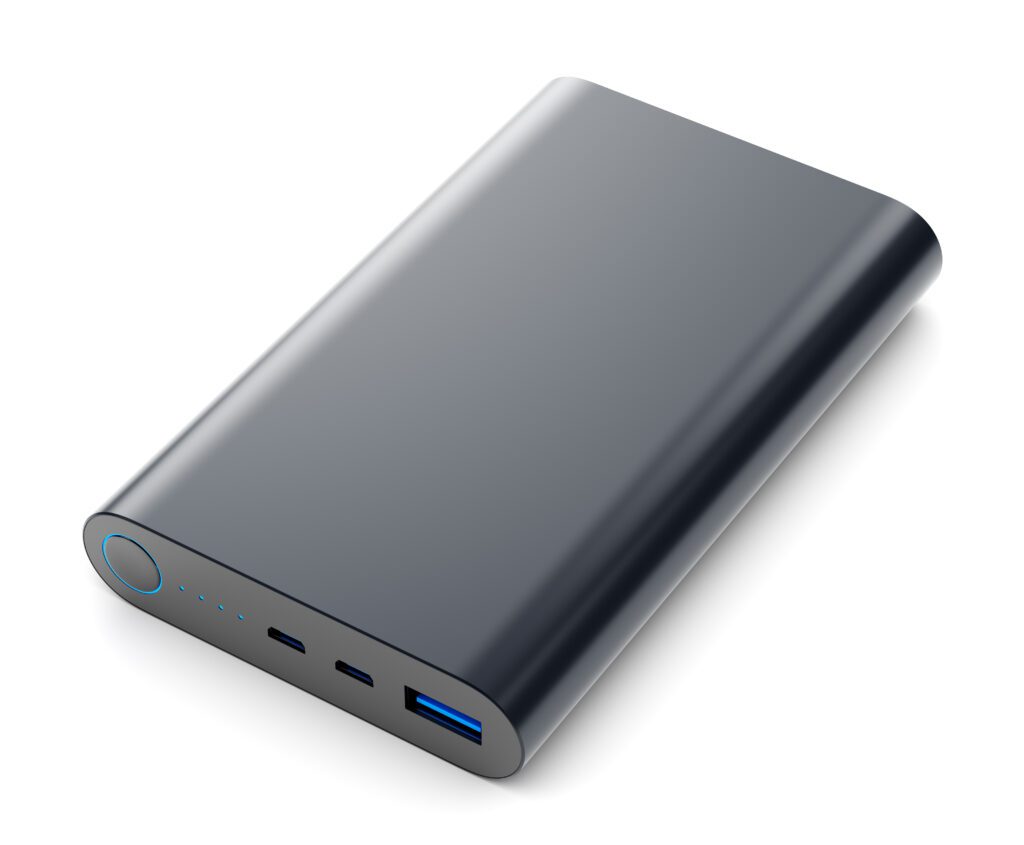 Here's an alt tag for the image: Black portable power bank charger.