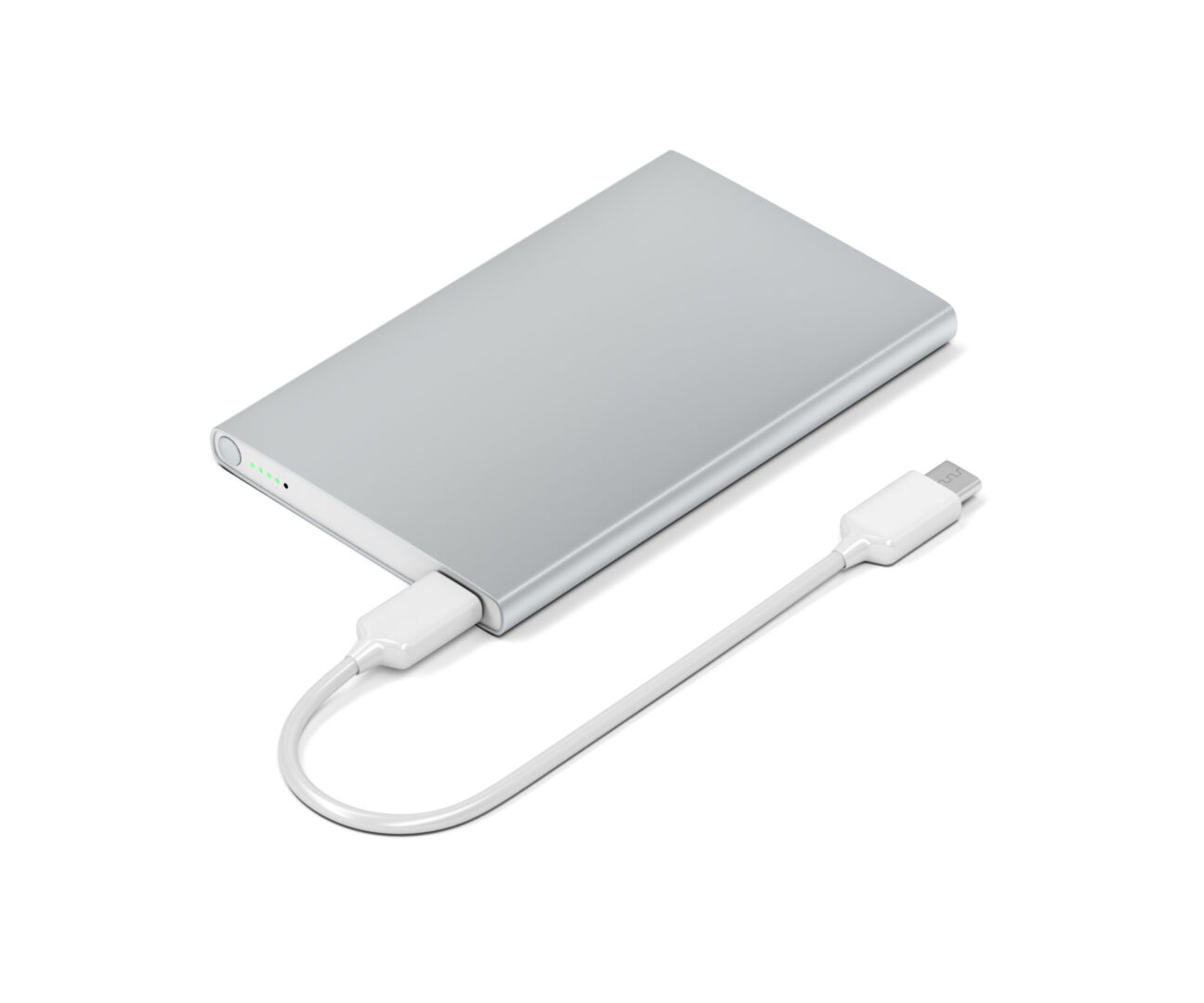 Silver power bank with charging cable.