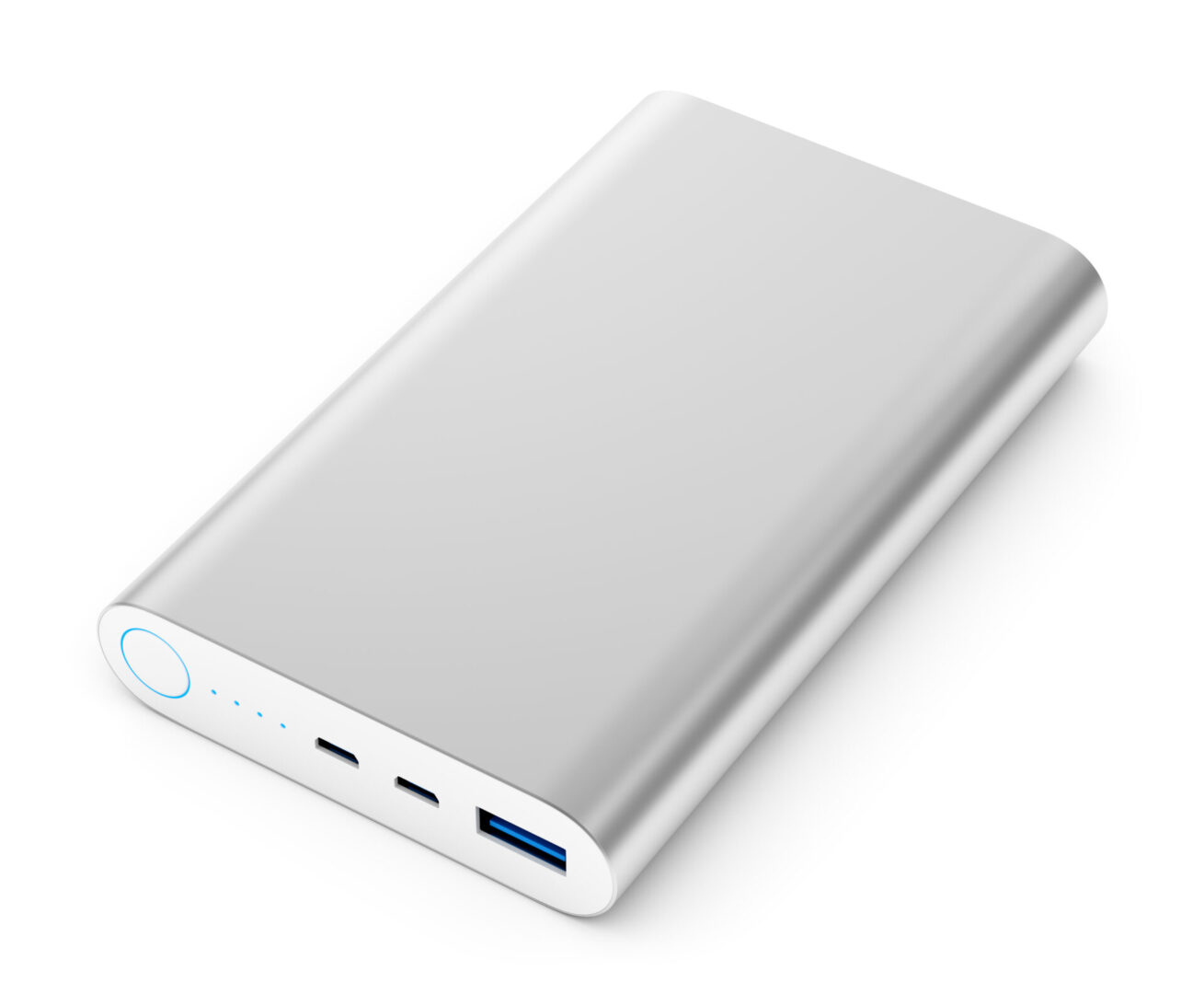 Silver portable power bank charger.