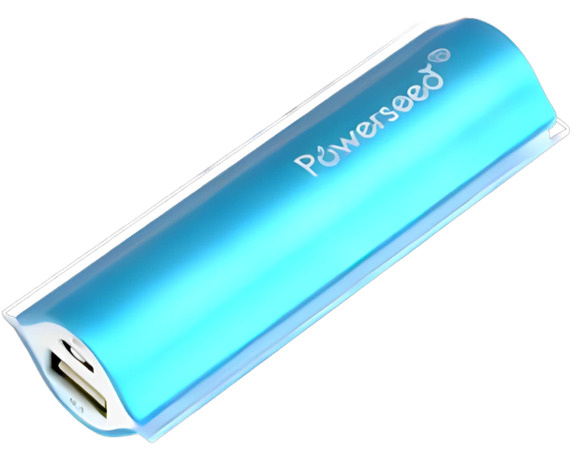 Here's an alt tag for the image: Blue Powerseed portable charger.